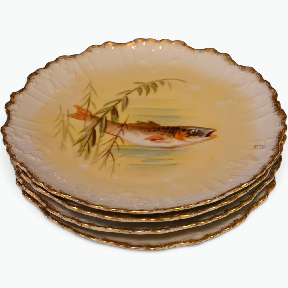 Antique Limoges France Hand Painted Fish Plates Signed Remy Set 4 Gold Gilt